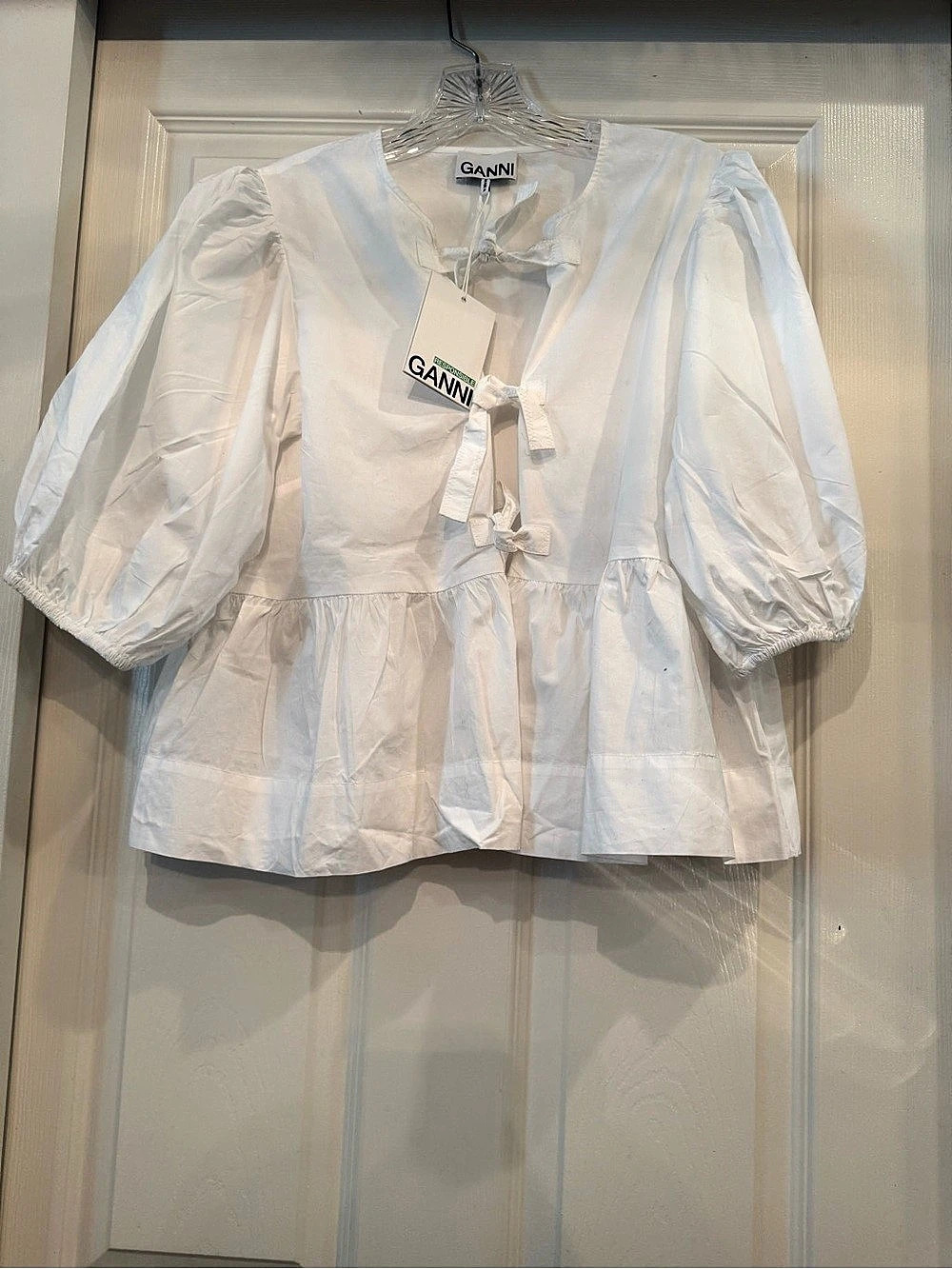 GANNI Cotton Puff Sleeve Blouse in White Size Small NWT